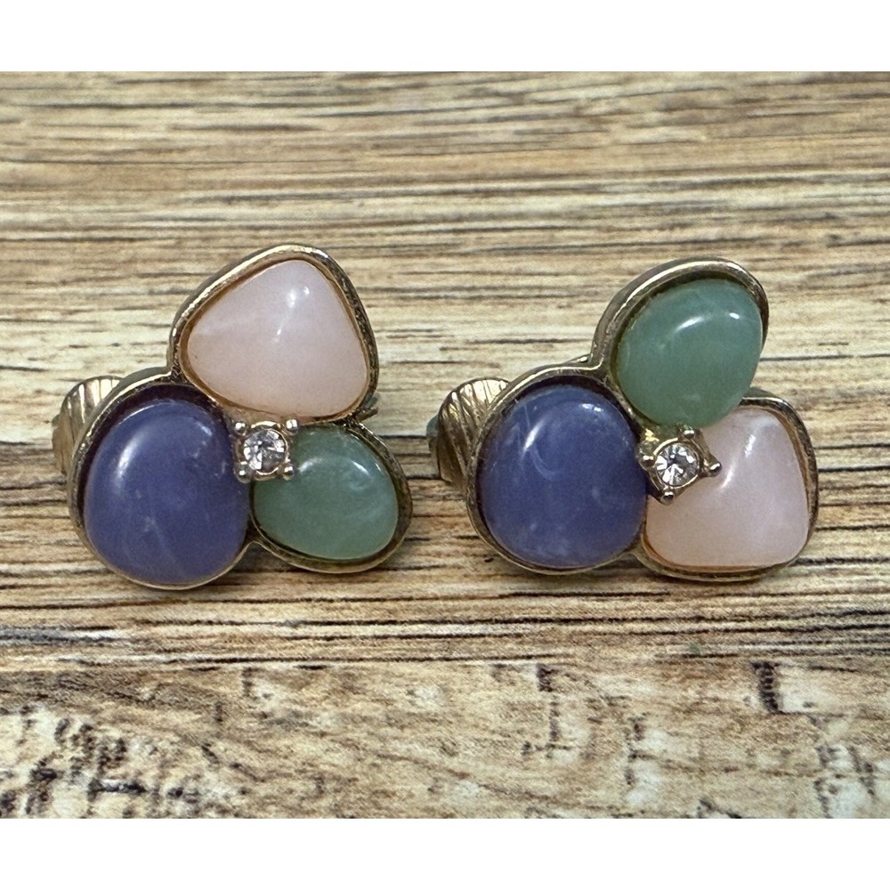 VTG Avon Clip Earrings Signed Marked Purple Green Pink Cabochons Rhinestone Gold
